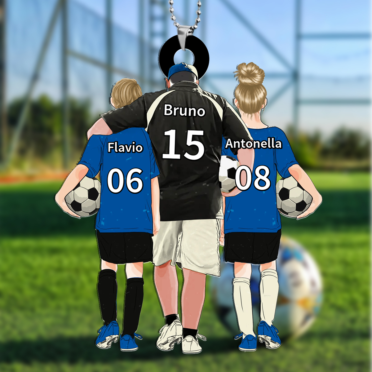 Ornamento da calcio personalizzato per papà allenatore con i nomi dei bambini