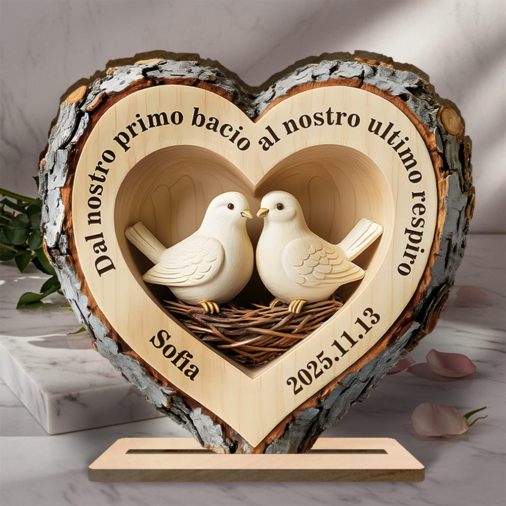 Targa in legno personalizzata con uccelli, cuore della foresta, con base stabile per coppie