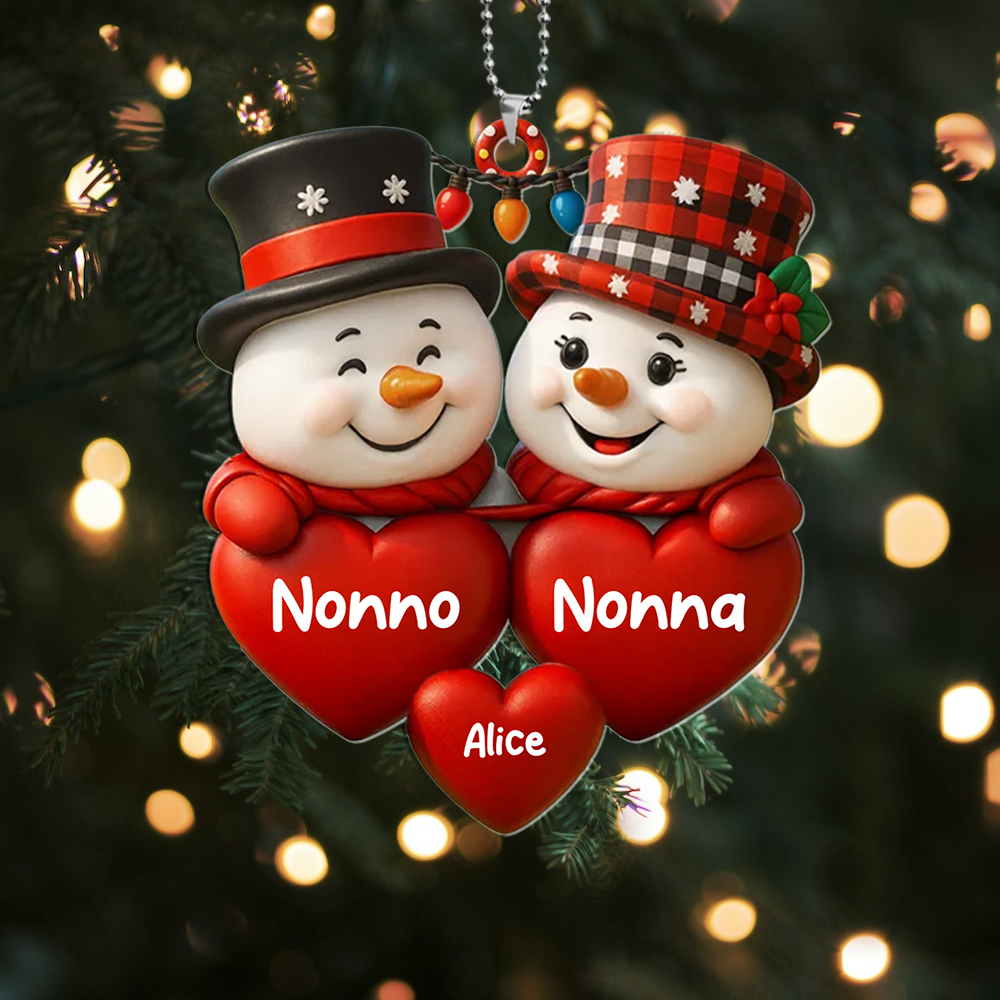 Decorazione per l'albero di Natale con pupazzi di neve personalizzata con i nomi della famiglia