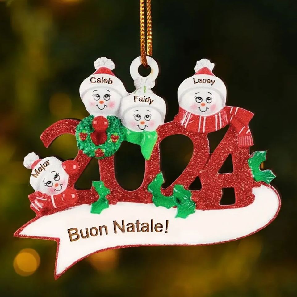 Decorazione Natalizia in Legno Personalizzata - 4 Nomi e 1 Testo - Design Pupazzo di Neve | Jessemade