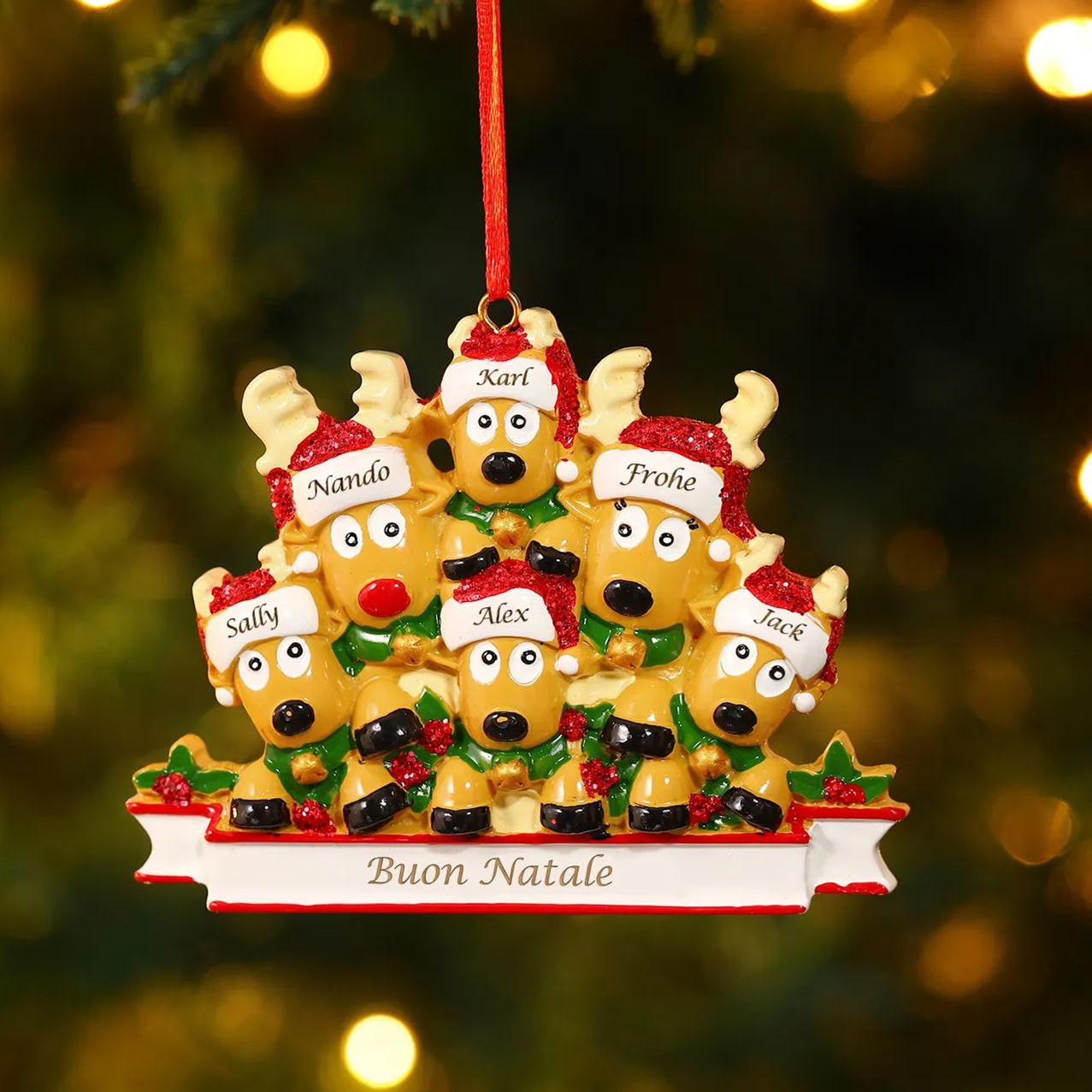 Ornamento Natalizio Personalizzato a Forma di Renne con 6 Nomi e 1 Testo - Regalo in Resina per Famiglie | Jessemade