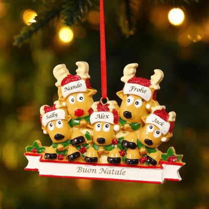 Ornamento Natalizio Personalizzato a Forma di Renne con 5 Nomi e 1 Testo - Regalo in Resina per Famiglie | Jessemade