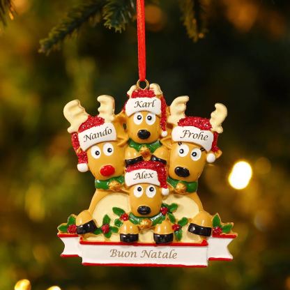 Ornamento Natalizio Personalizzato a Forma di Renne con 4 Nomi e 1 Testo - Regalo in Resina per Famiglie | Jessemade