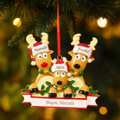 Ornamento Natalizio Personalizzato a Forma di Renne con 3 Nomi e 1 Testo - Regalo in Resina per Famiglie | Jessemade