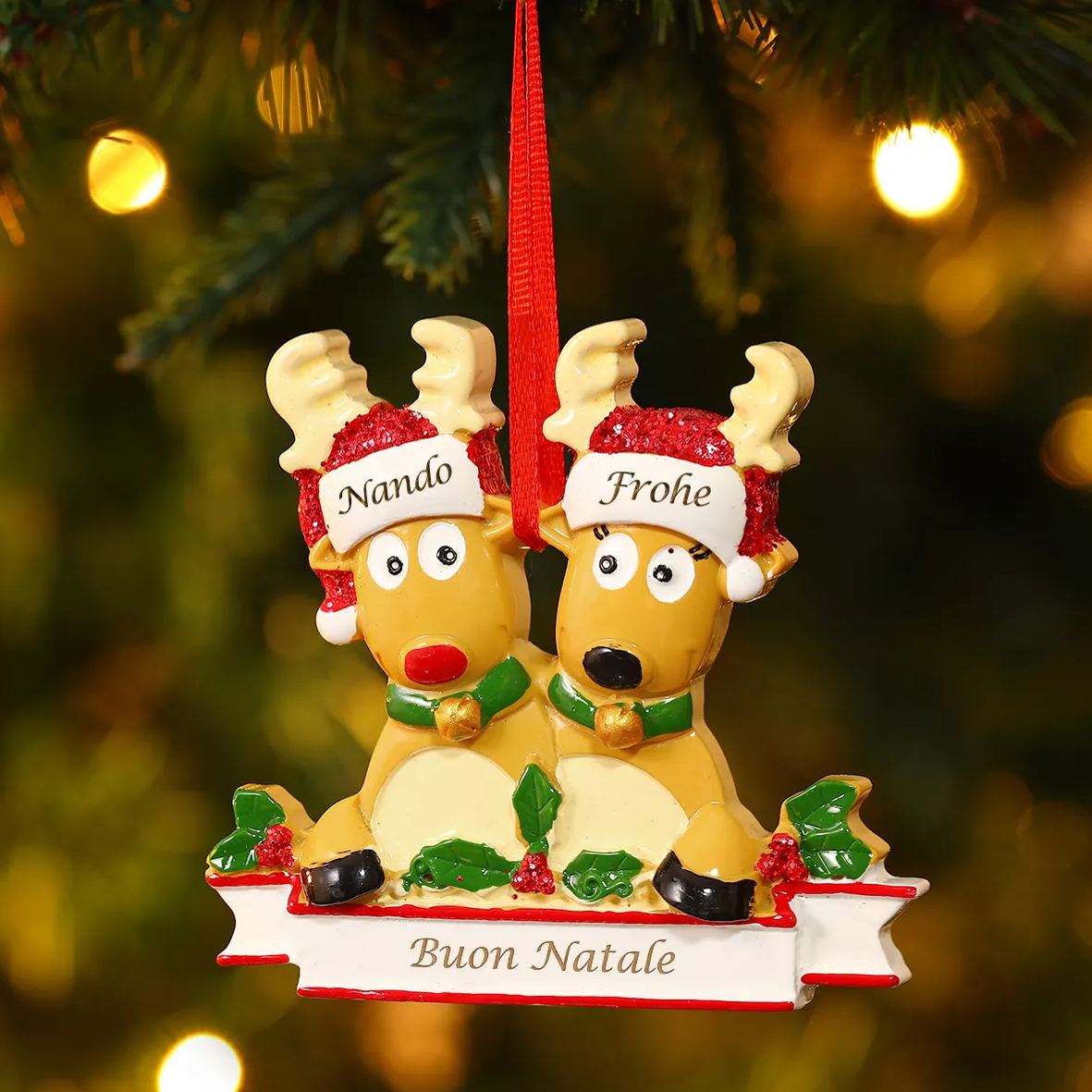 Ornamento Natalizio Personalizzato a Forma di Renne con 2 Nomi e 1 Testo - Regalo in Resina per Famiglie | Jessemade