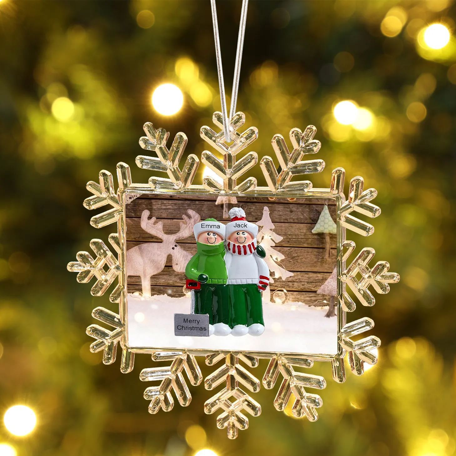 Ornamento Natalizio Personalizzato in Plastica a Forma di Fiocco di Neve - 2 Nomi e Testo Personalizzati, Regalo di Natale per Famiglia | Jessemade