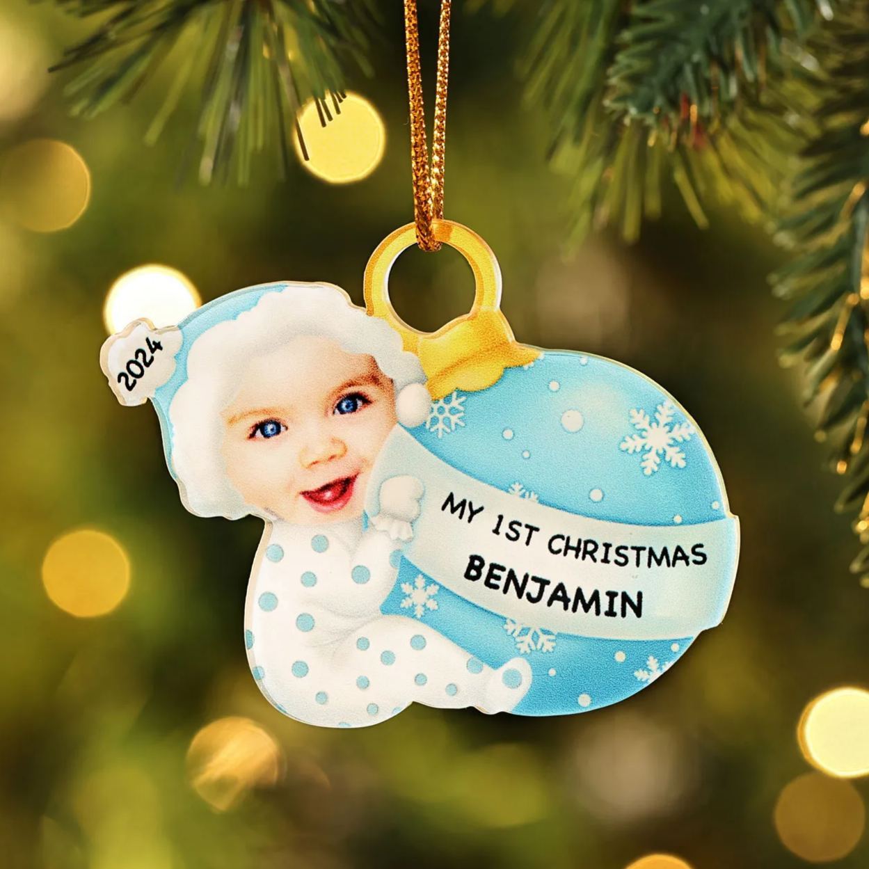 Ornamento Natalizio Personalizzato in Acrilico per il Primo Natale del Bambino con Foto, Nome, Data e Testo - Design Multicolore, Regalo di Natale per Famiglia | Jessemade