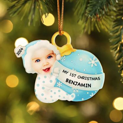 Ornamento Natalizio Personalizzato in Acrilico per il Primo Natale del Bambino con Foto, Nome, Data e Testo - Design Multicolore, Regalo di Natale per Famiglia | Jessemade