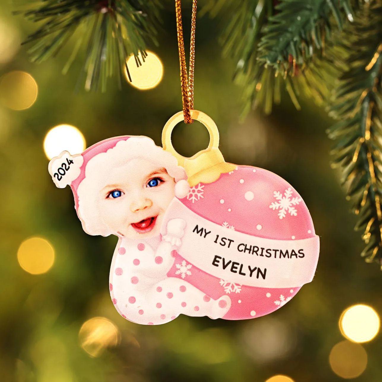 Ornamento Natalizio Personalizzato in Acrilico per il Primo Natale del Bambino con Foto, Nome, Data e Testo - Design Multicolore, Regalo di Natale per Famiglia | Jessemade
