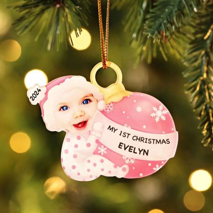 Ornamento Natalizio Personalizzato in Acrilico per il Primo Natale del Bambino con Foto, Nome, Data e Testo - Design Multicolore, Regalo di Natale per Famiglia | Jessemade