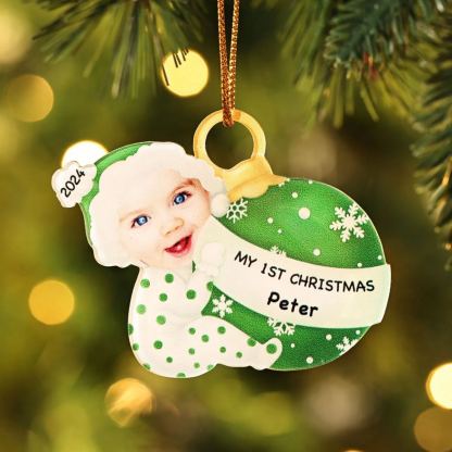 Ornamento Natalizio Personalizzato in Acrilico per il Primo Natale del Bambino con Foto, Nome, Data e Testo - Design Multicolore, Regalo di Natale per Famiglia | Jessemade