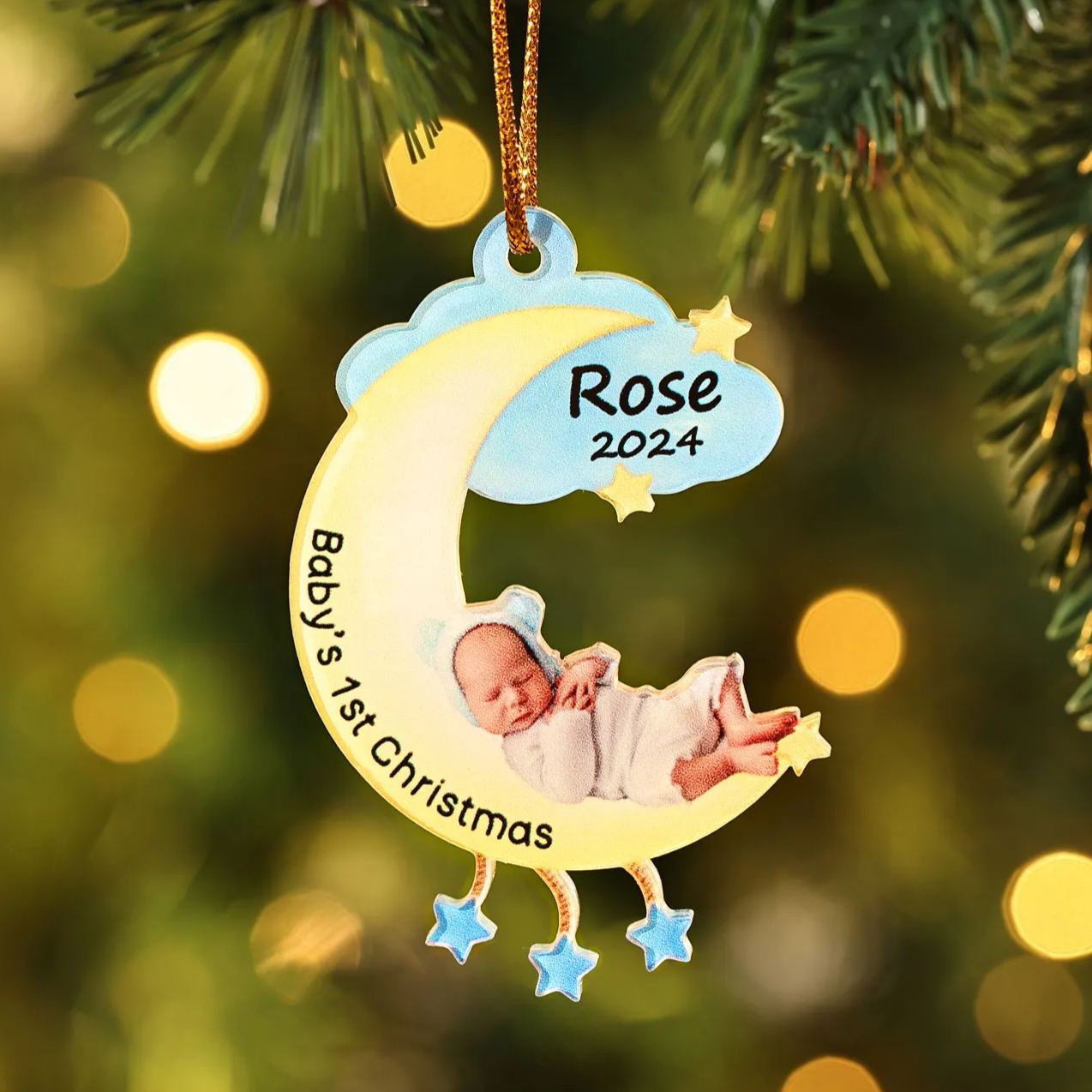 Ornamento di Natale Personalizzato in Acrilico a Forma di Luna per il Primo Natale del Bambino - Foto, Nome, Data e Testo Personalizzati, Regalo di Natale per Famiglia | Jessemade