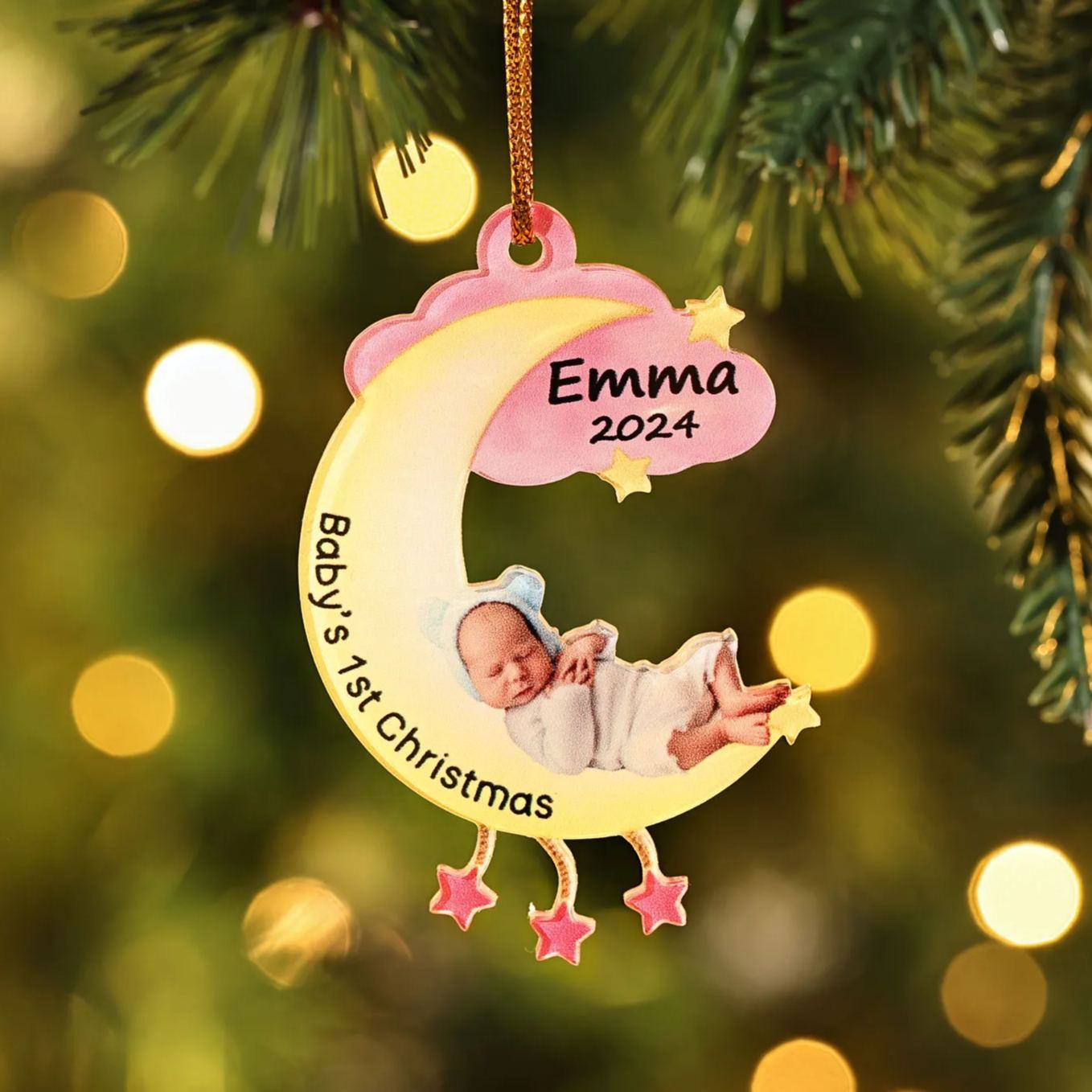 Ornamento di Natale Personalizzato in Acrilico a Forma di Luna per il Primo Natale del Bambino - Foto, Nome, Data e Testo Personalizzati, Regalo di Natale per Famiglia | Jessemade