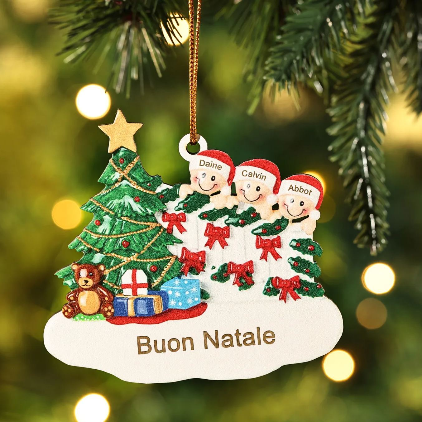 Decorazione Natalizia in Legno Personalizzata - Albero di Natale & Personaggi - Personalizzabile con 3 Nomi e 1 Testo - Regalo di Natale per Famiglia | Jessemade
