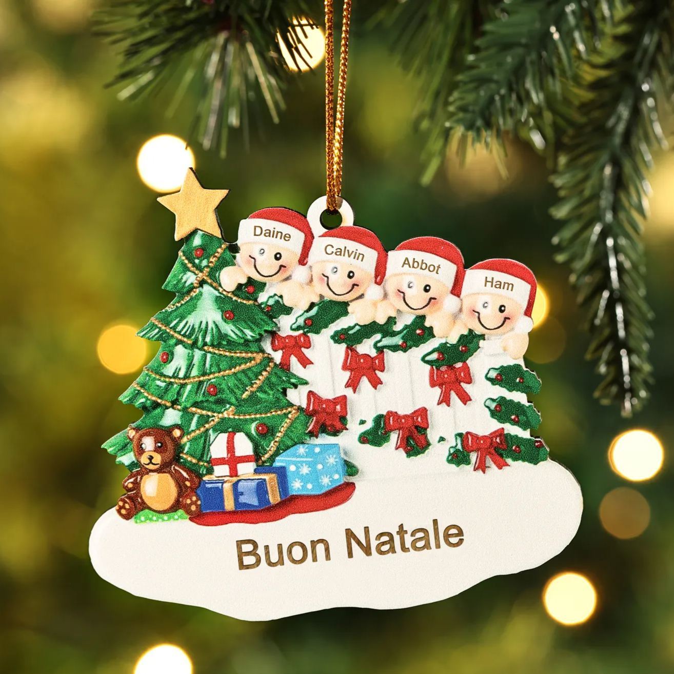 Decorazione Natalizia in Legno Personalizzata - Albero di Natale & Personaggi - Personalizzabile con 4 Nomi e 1 Testo - Regalo di Natale per Famiglia | Jessemade