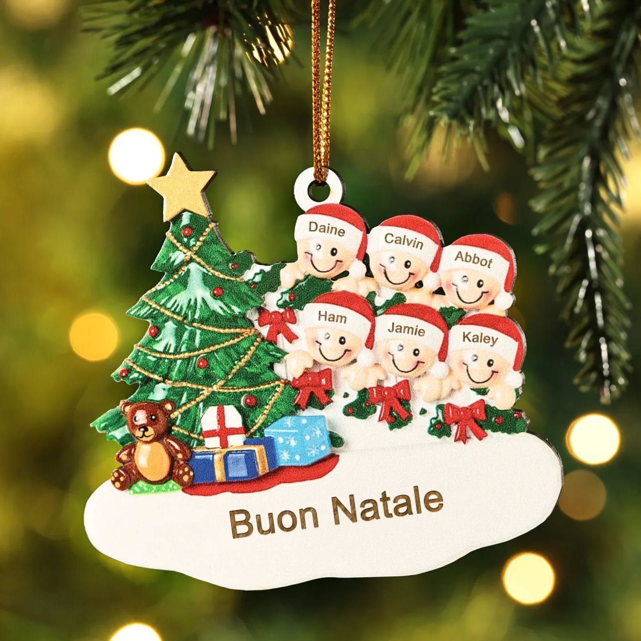 Decorazione Natalizia in Legno Personalizzata - Albero di Natale & Personaggi - Personalizzabile con 6 Nomi e 1 Testo - Regalo di Natale per Famiglia | Jessemade