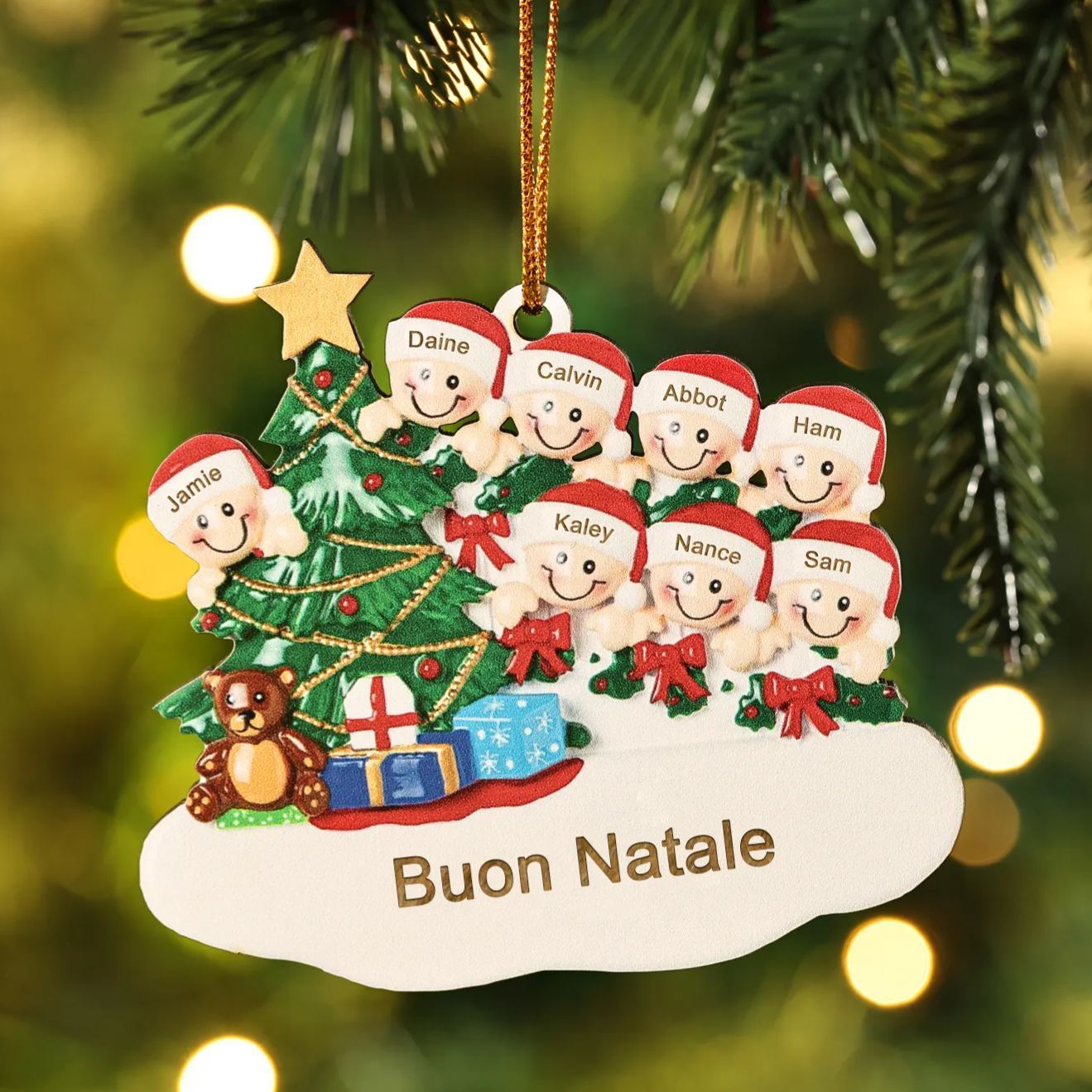 Decorazione Natalizia in Legno Personalizzata - Albero di Natale & Personaggi - Personalizzabile con 8 Nomi e 1 Testo - Regalo di Natale per Famiglia | Jessemade