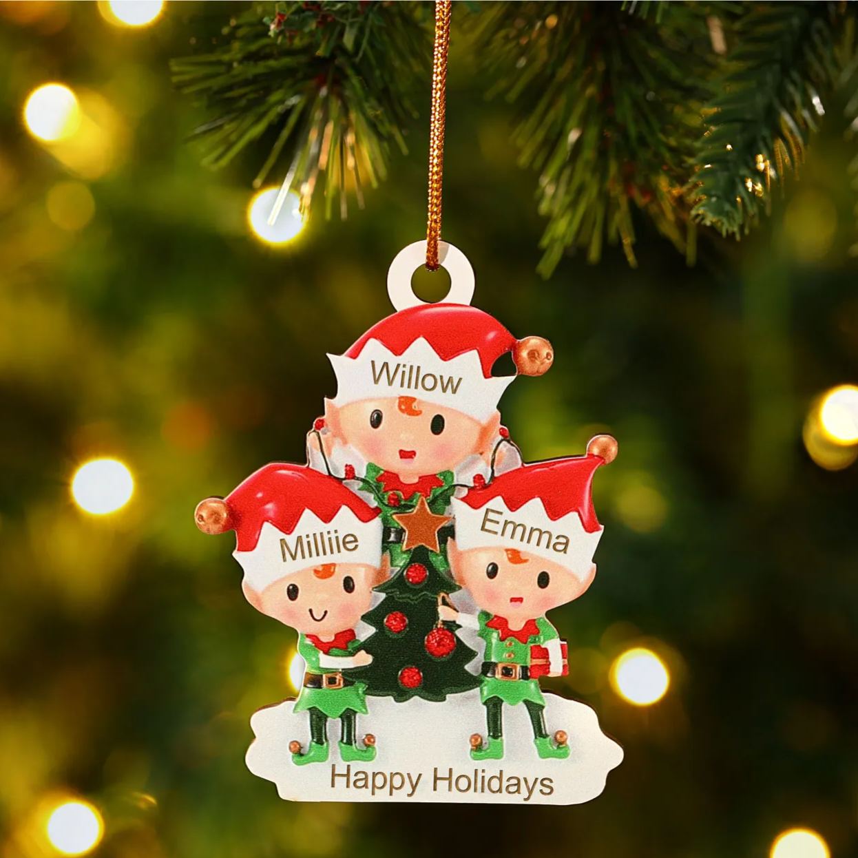 [Copy]Decorazione Natalizia in Legno Personalizzata - Albero di Natale e Elfi - Personalizzabile con 2 Nomi e 1 Testo - Regalo di Natale per Famiglia | Jessemade