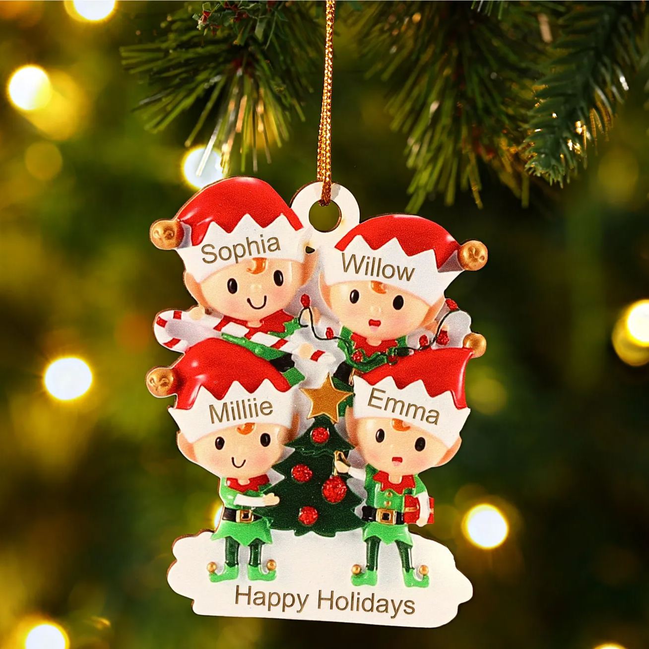 [Copy]Decorazione Natalizia in Legno Personalizzata - Albero di Natale e Elfi - Personalizzabile con 3 Nomi e 1 Testo - Regalo di Natale per Famiglia | Jessemade