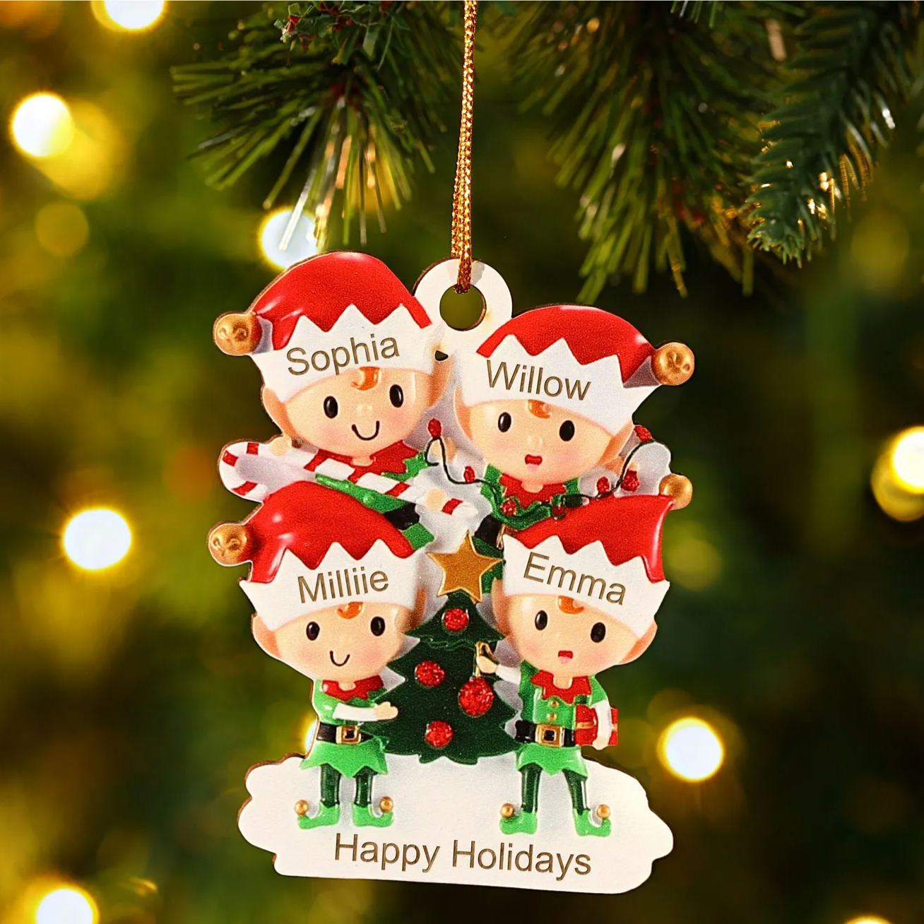 [Copy]Decorazione Natalizia in Legno Personalizzata - Albero di Natale e Elfi - Personalizzabile con 3 Nomi e 1 Testo - Regalo di Natale per Famiglia | Jessemade