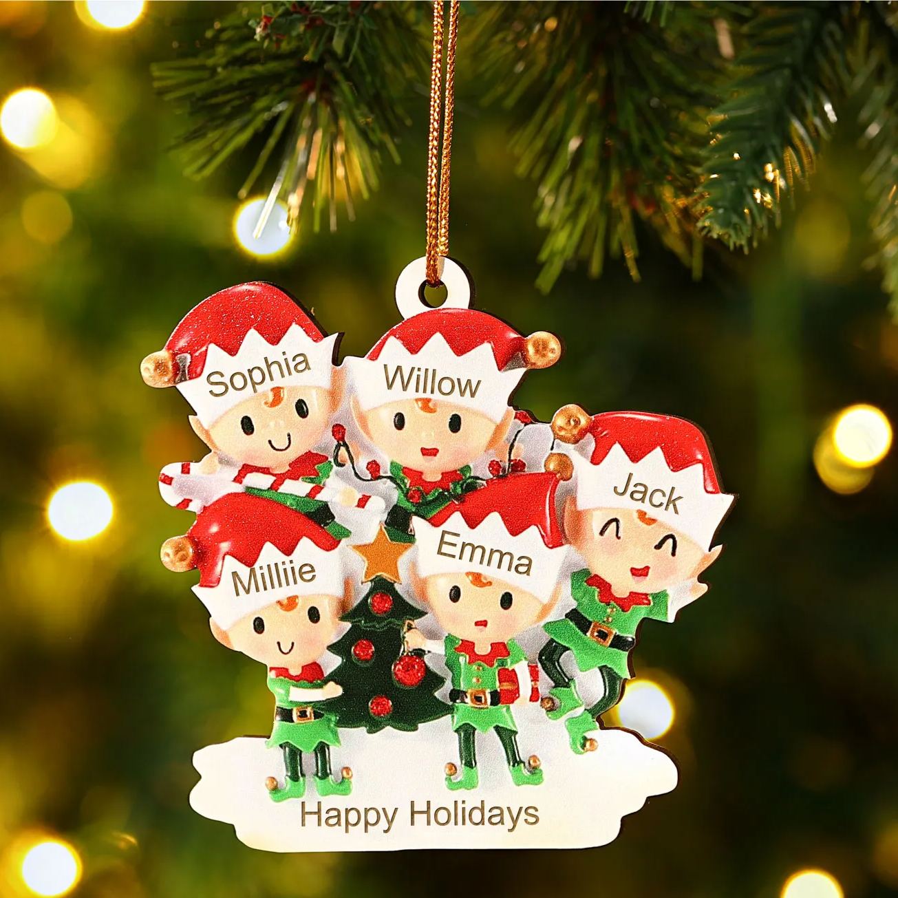 [Copy]Decorazione Natalizia in Legno Personalizzata - Albero di Natale e Elfi - Personalizzabile con 4 Nomi e 1 Testo - Regalo di Natale per Famiglia | Jessemade