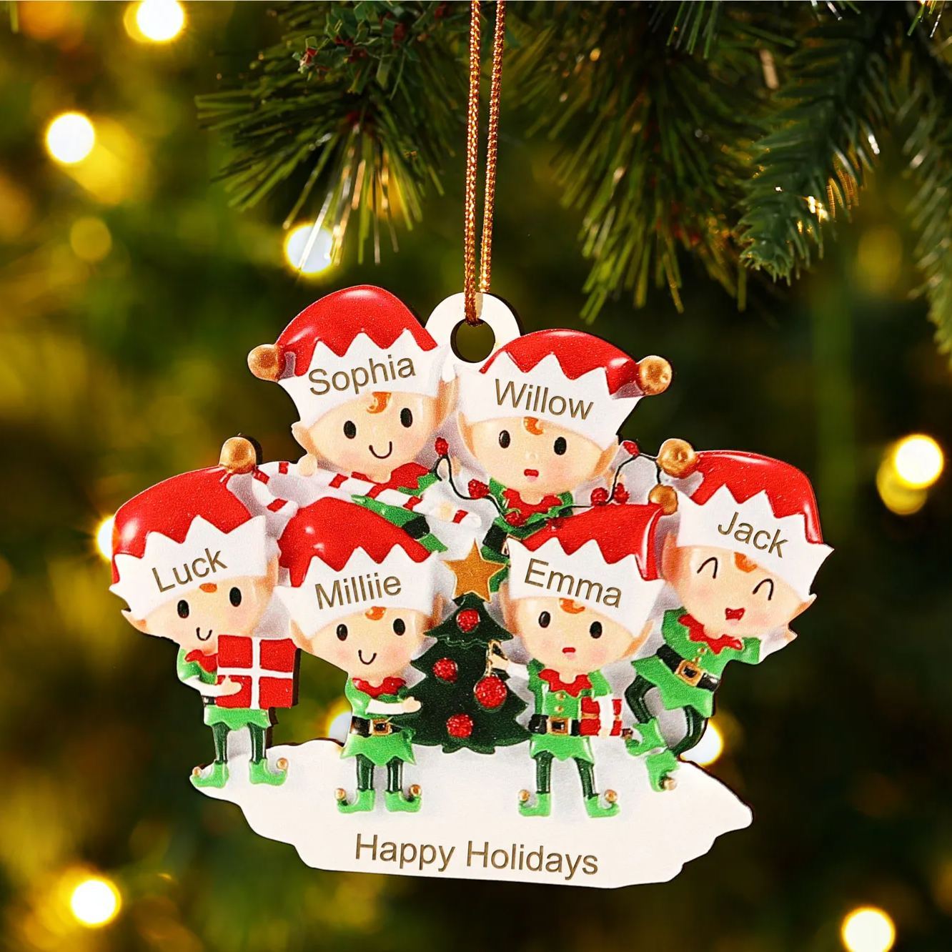 Decorazione Natalizia in Legno Personalizzata - Albero di Natale e Elfi - Personalizzabile con 6 Nomi e 1 Testo - Regalo di Natale per Famiglia | Jessemade