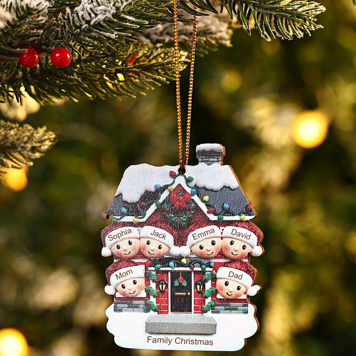 Decorazione Natalizia in Legno Personalizzata - Casetta Rossa & Personaggi - Personalizzabile con 6 Nomi e 1 Testo - Regalo di Natale per Famiglia | Jessemade