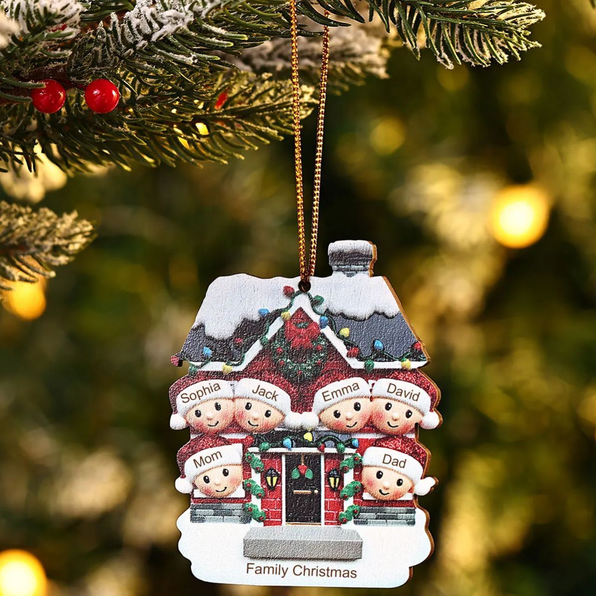 Decorazione Natalizia in Legno Personalizzata - Casetta Rossa & Personaggi - Personalizzabile con 6 Nomi e 1 Testo - Regalo di Natale per Famiglia | Jessemade