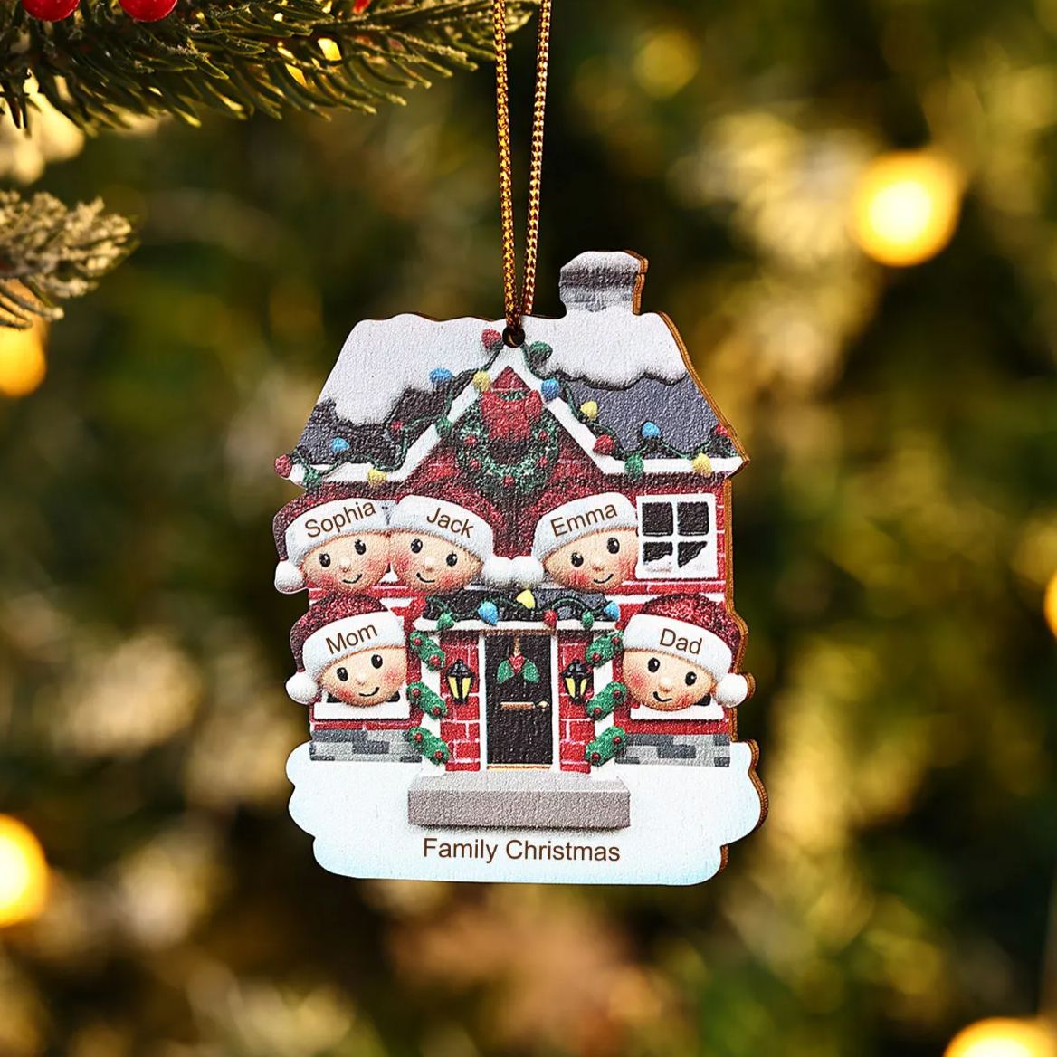 Decorazione Natalizia in Legno Personalizzata - Casetta Rossa & Personaggi - Personalizzabile con 5 Nomi e 1 Testo - Regalo di Natale per Famiglia | Jessemade