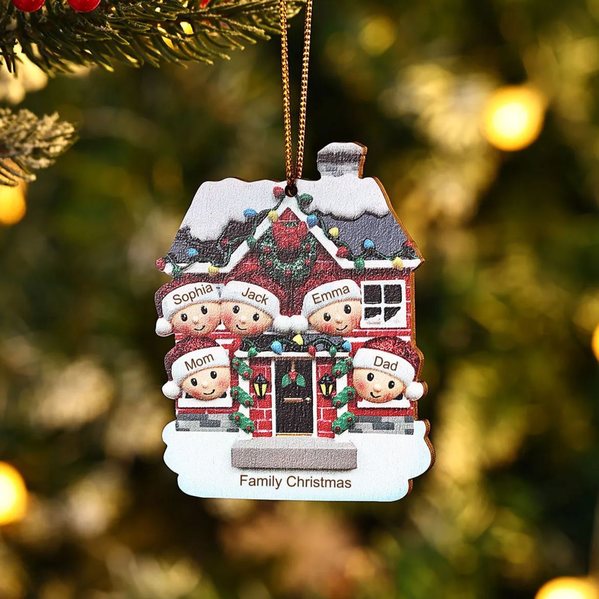 Decorazione Natalizia in Legno Personalizzata - Casetta Rossa & Personaggi - Personalizzabile con 5 Nomi e 1 Testo - Regalo di Natale per Famiglia | Jessemade