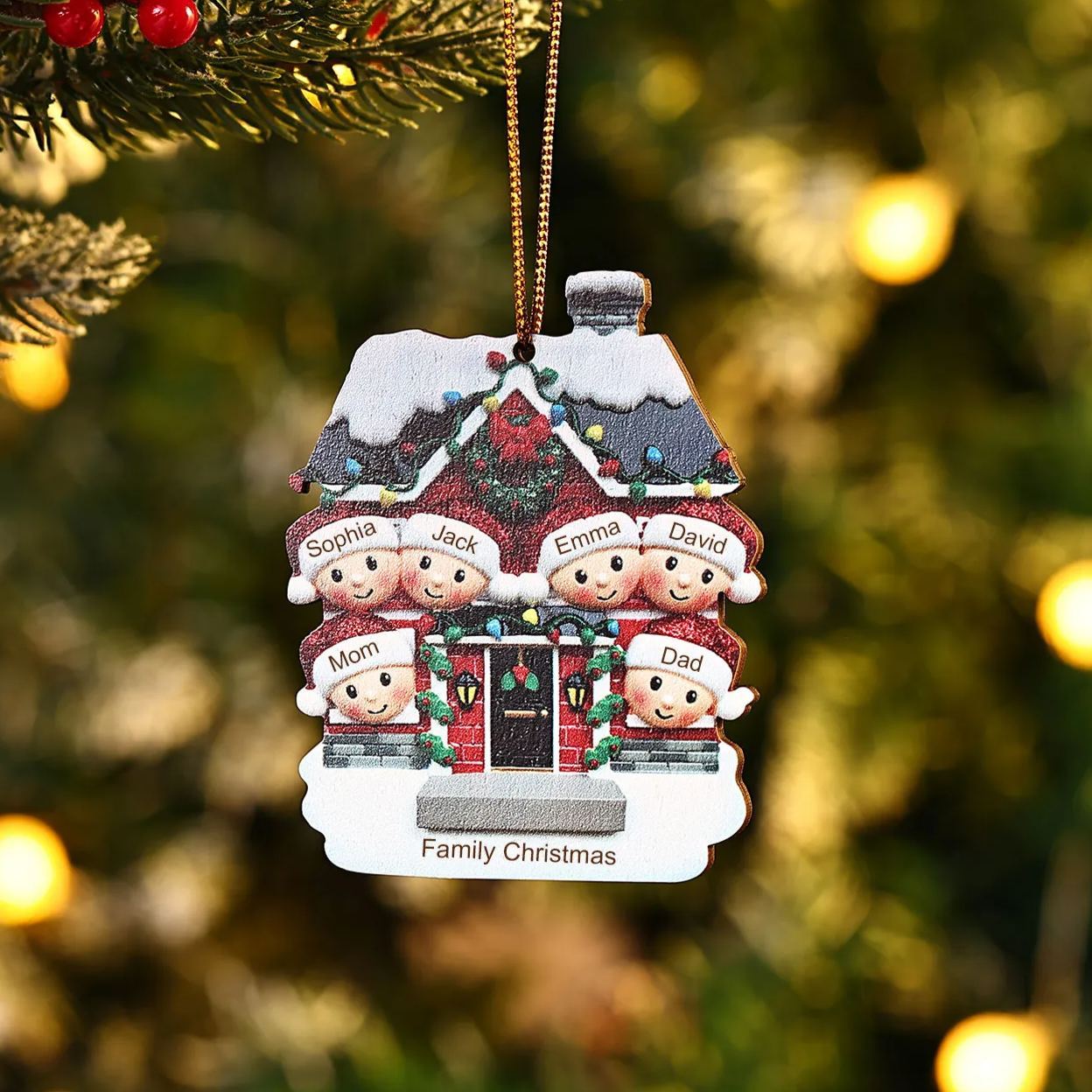 Decorazione Natalizia in Legno Personalizzata - Casetta Rossa & Personaggi - Personalizzabile con 6 Nomi e 1 Testo - Regalo di Natale per Famiglia | Jessemade