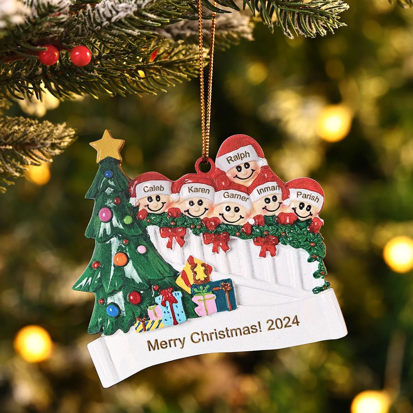 Decorazione Natalizia in Legno Personalizzata - Personalizza 6 Nomi, 1 Testo, Data - Albero di Natale e Personaggi, Regalo di Natale per la Famiglia | Jessemade