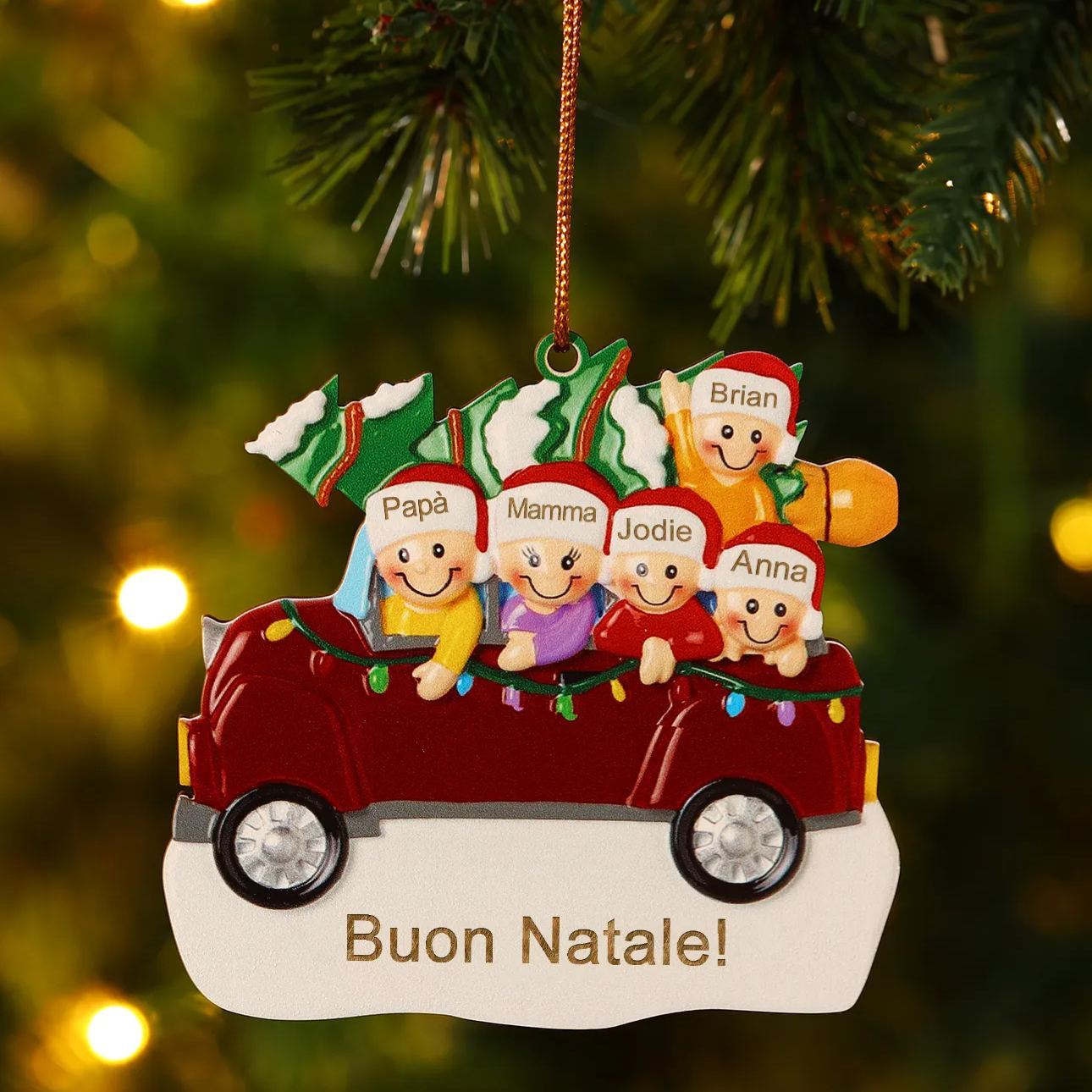 Decorazione Natalizia in Legno Personalizza 5 Nomi e 1 Testo - Design Auto Rossa con Albero, Regalo di Natale per Famiglia | Jessemade