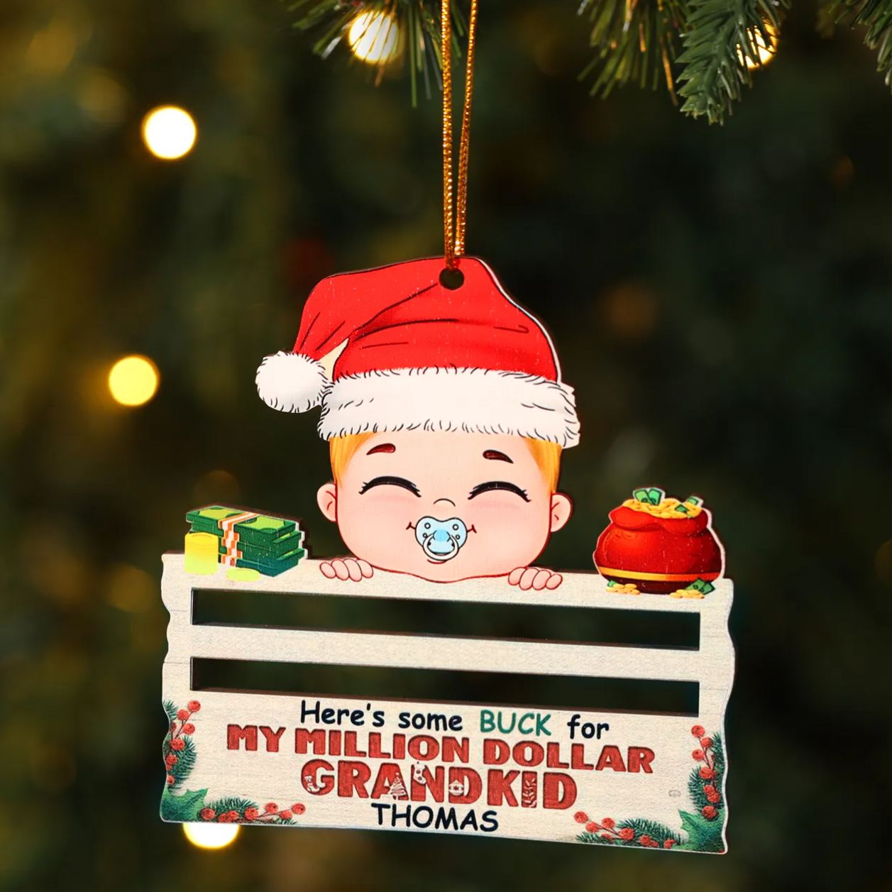 Decorazione Natalizia Personalizzata in Legno - Possibilità di Personalizzare 1 Nomi e 1 Testo, Porta soldi Baby con Design Festivo, Regalo di Natale per Bambino | Jessemade