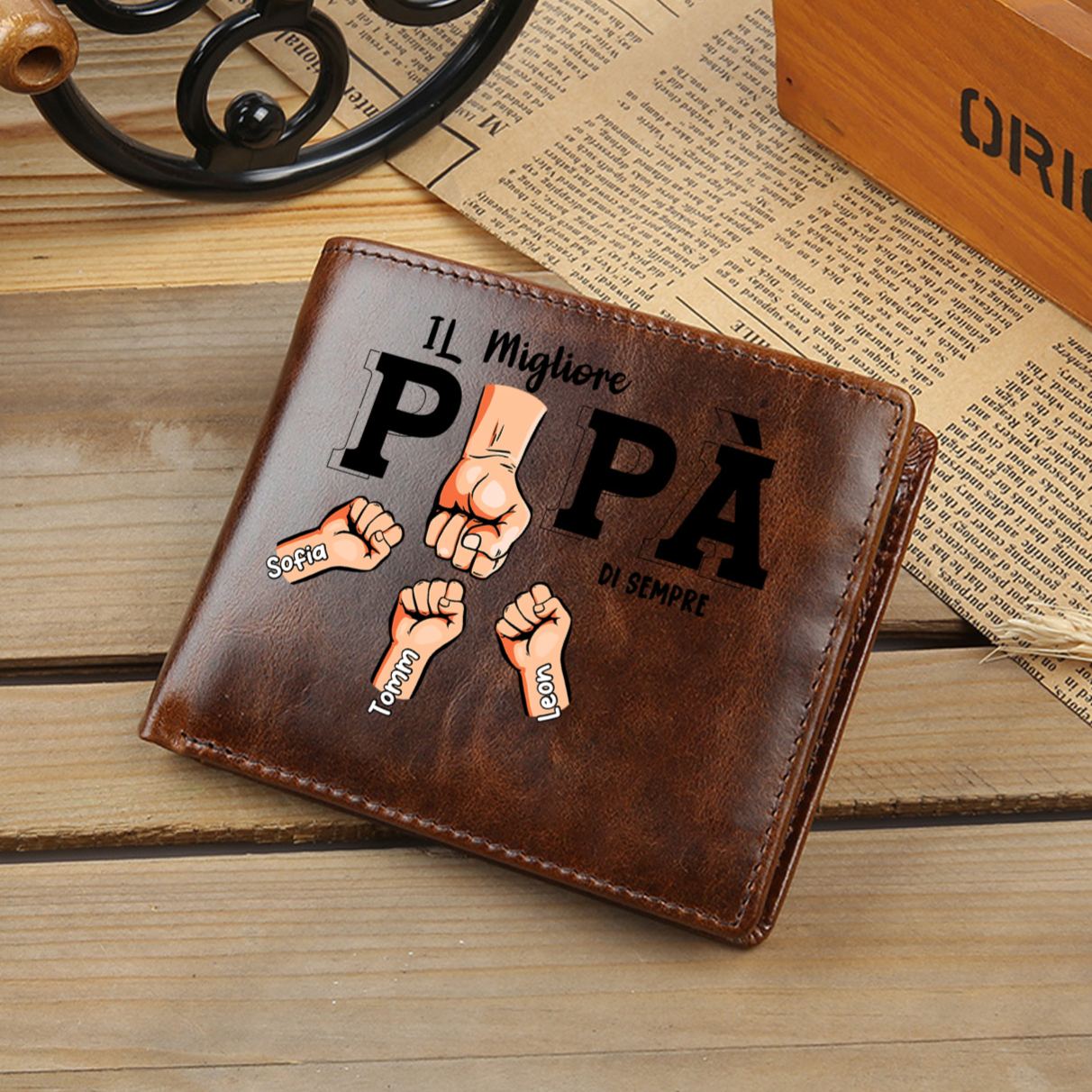 Portafoglio Personalizzato in Vera Pelle con Nomi – Miglior Nonno/Papà del Mondo