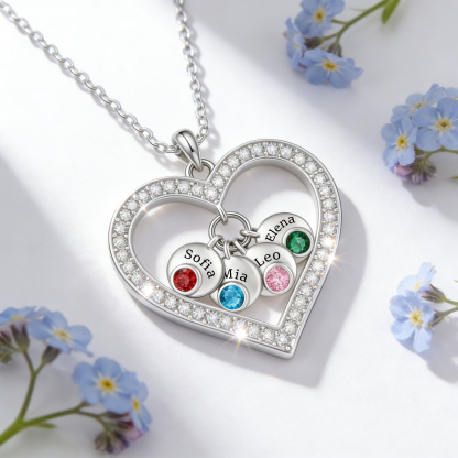 Collana Cuore Personalizzata con da 1 a 5 Nomi e Pietre di Nascita – Ciondolo da Donna