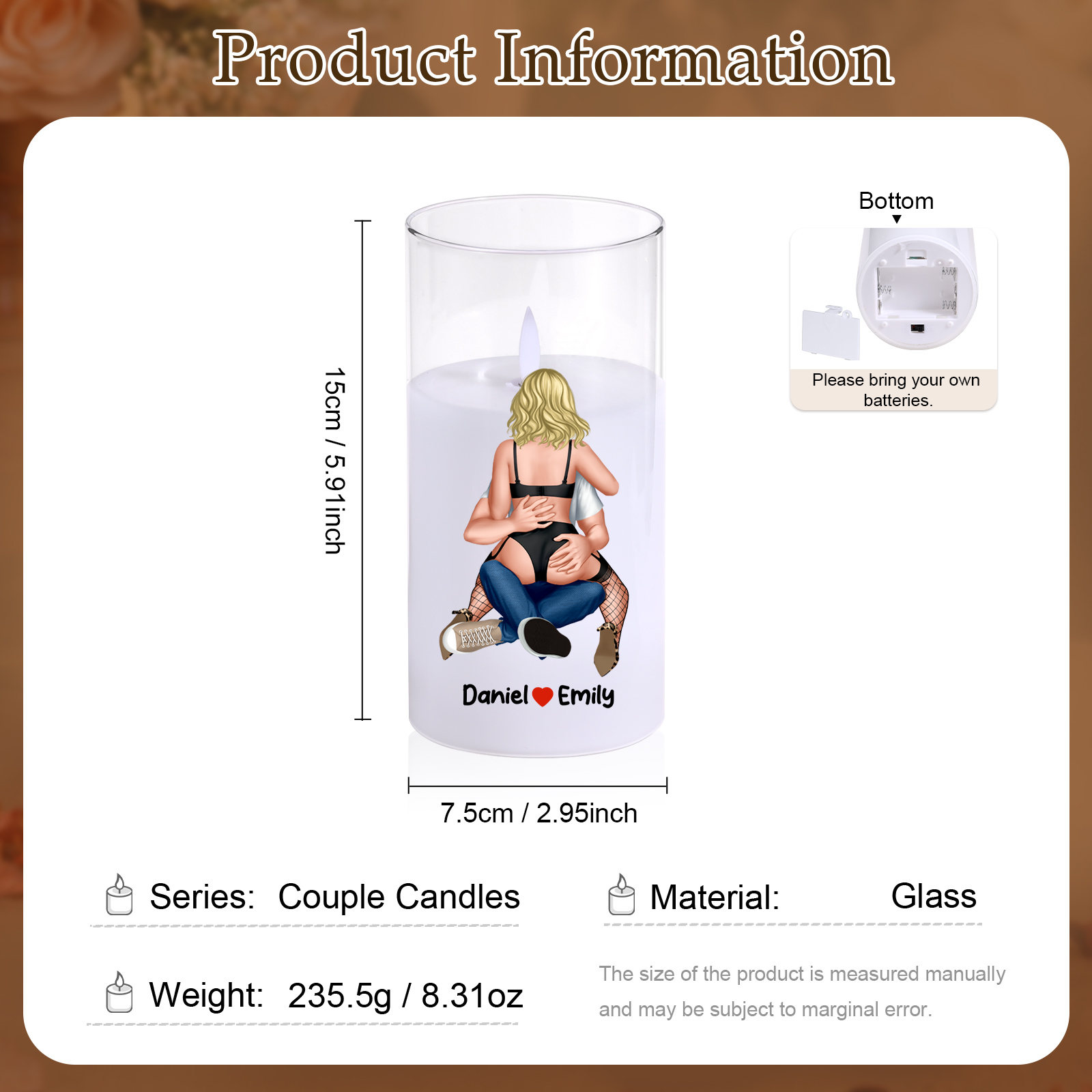 Candela LED Personalizzata in Vetro con Nomi – Regalo romantico per Coppia