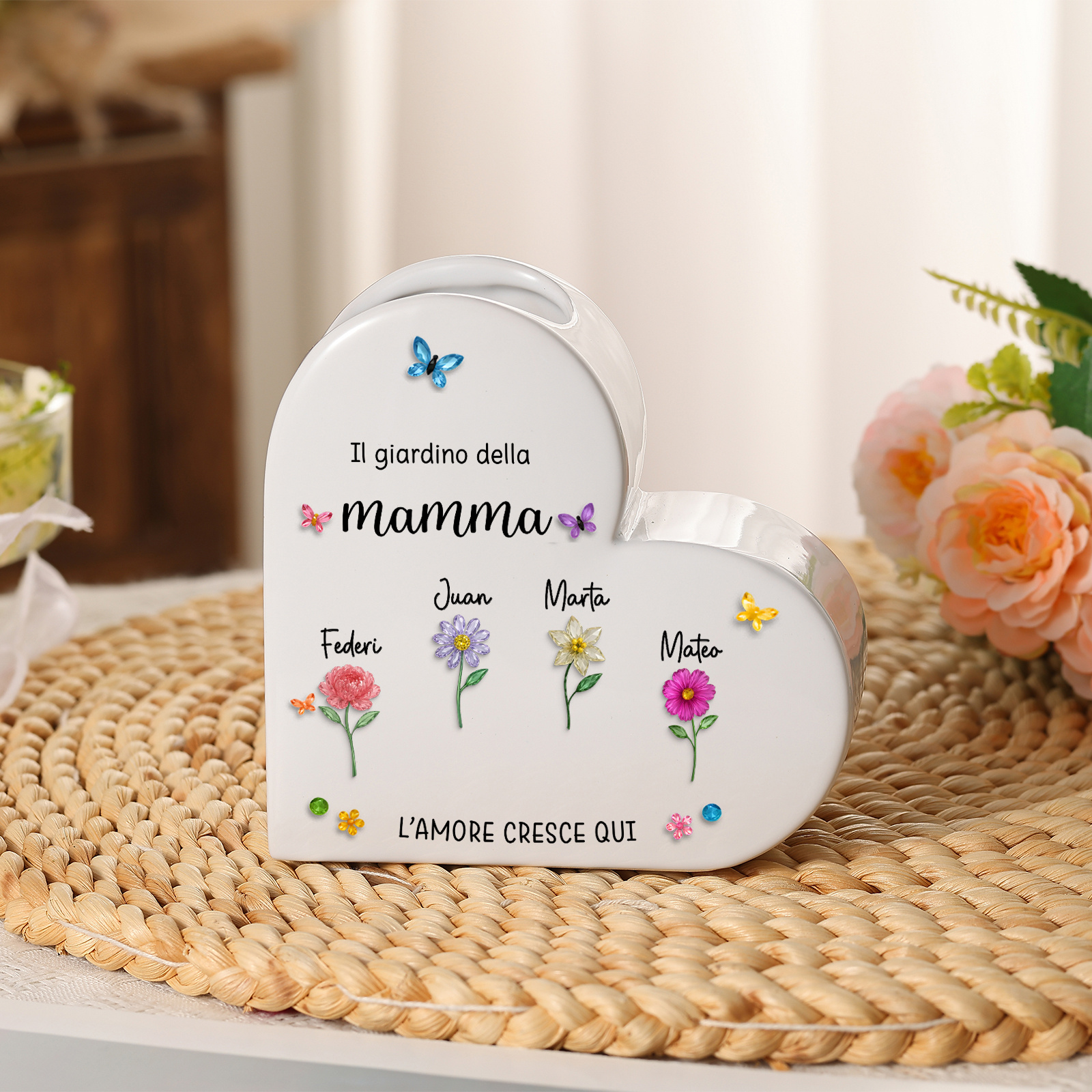 Vaso a Cuore in Ceramica Personalizzato con 1–10 Nomi e Fiori di nascita per Mamma/Nonna