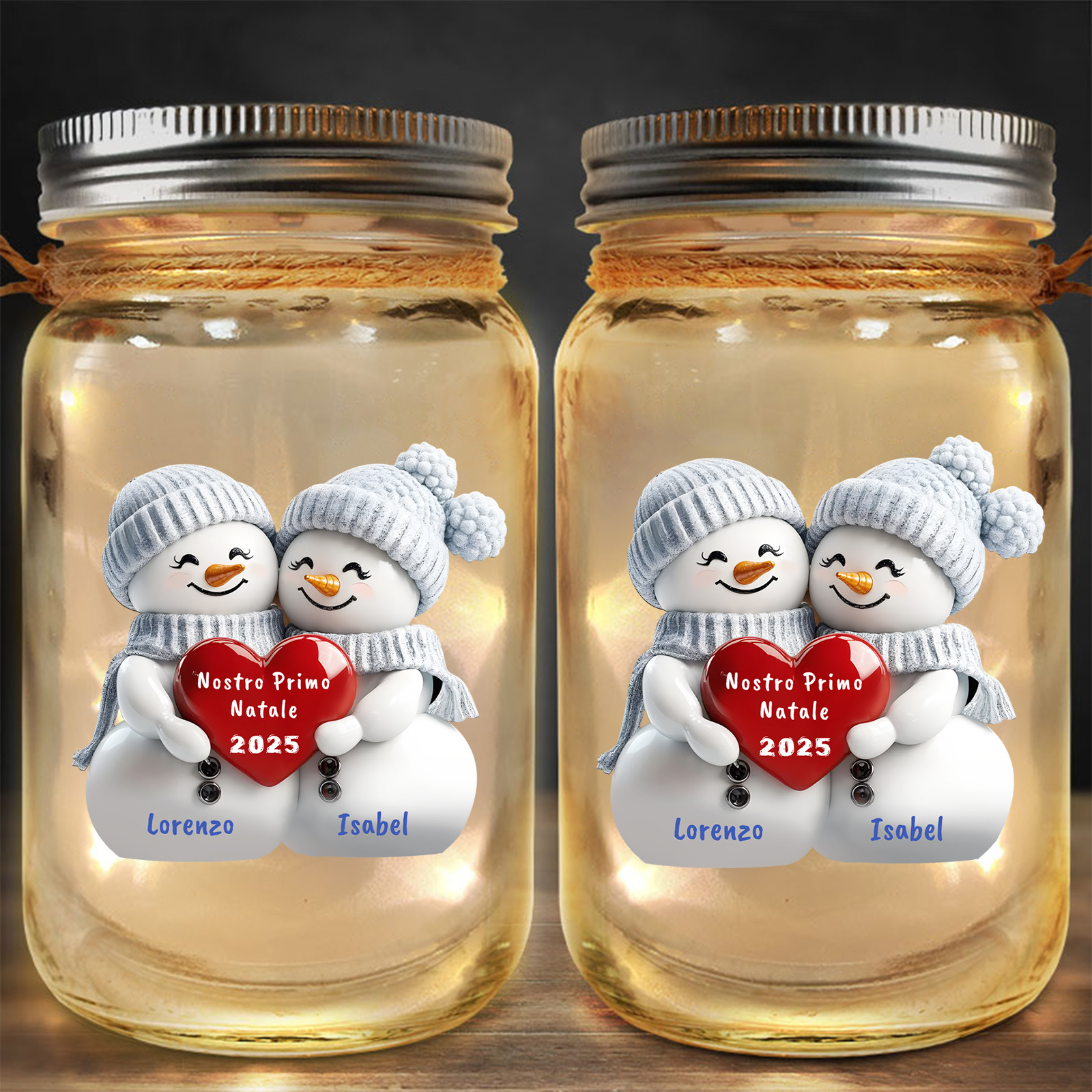 Barattolo luminoso solare in stile Mason di Natale personalizzato, pupazzo di neve, coppia — Il nostro primo Natale — Nomi personalizzati — Regalo per coppie, novelli sposi, moglie, marito, partner | Jessemade