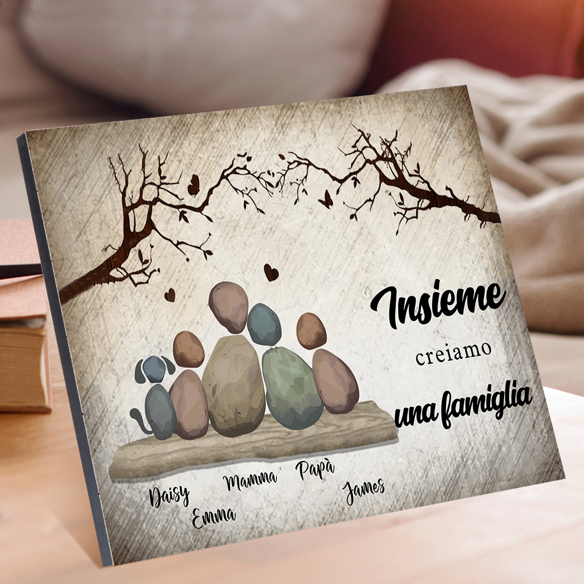 Cornice con quadro di famiglia in ciottoli di legno personalizzati con nomi – regalo per la famiglia