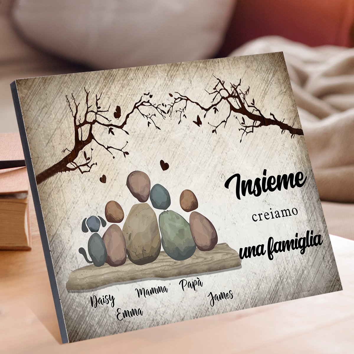 Cornice con quadro di famiglia in ciottoli di legno personalizzati con nomi – regalo per la famiglia