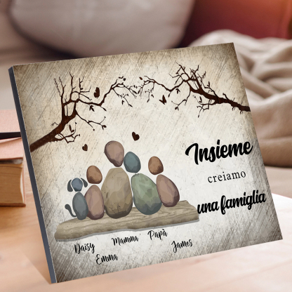 Cornice con quadro di famiglia in ciottoli di legno personalizzati con nomi – regalo per la famiglia