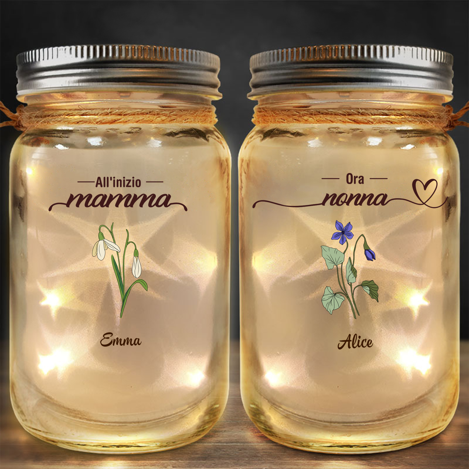 Prima mamma, ora nonna – fiore di famiglia personalizzato, luce a energia solare in barattolo da conserva, regalo personalizzabile per la Festa della Mamma o per il compleanno per mamma e nonna, lampada da notte in bottiglia di vetro | Jessemade