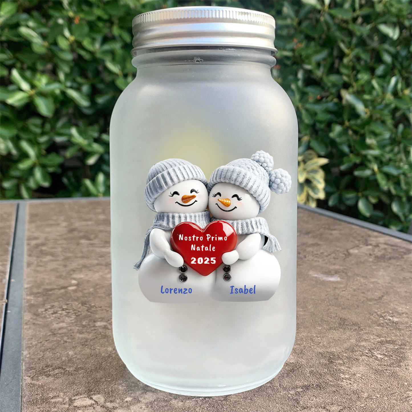 Bottiglia luminosa personalizzata, barattolo solare con pupazzo di neve, primo Natale
