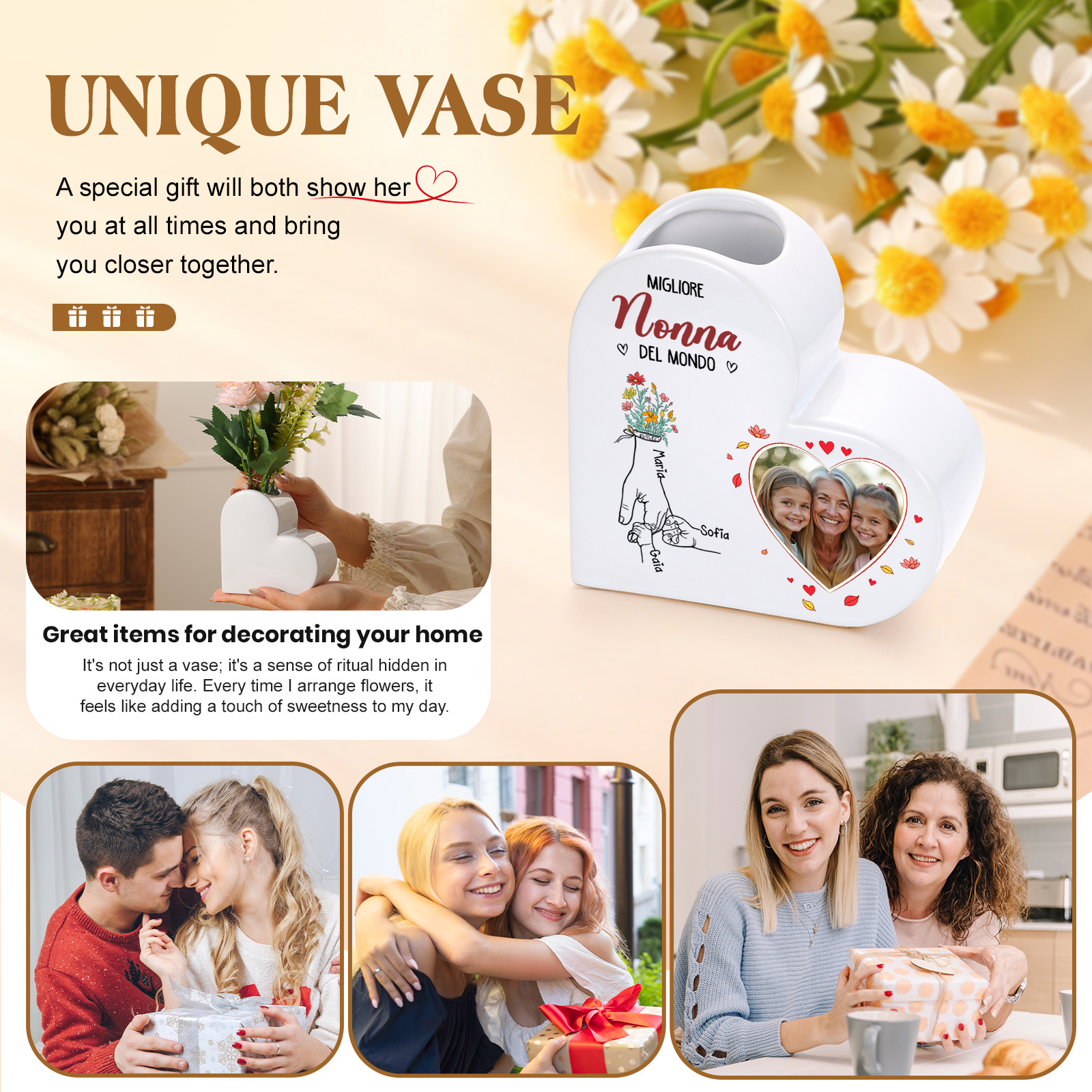 Vaso a cuore in ceramica “Migliore Mamma/Nonna del mondo” personalizzato con 1-6 nomi e 1 foto