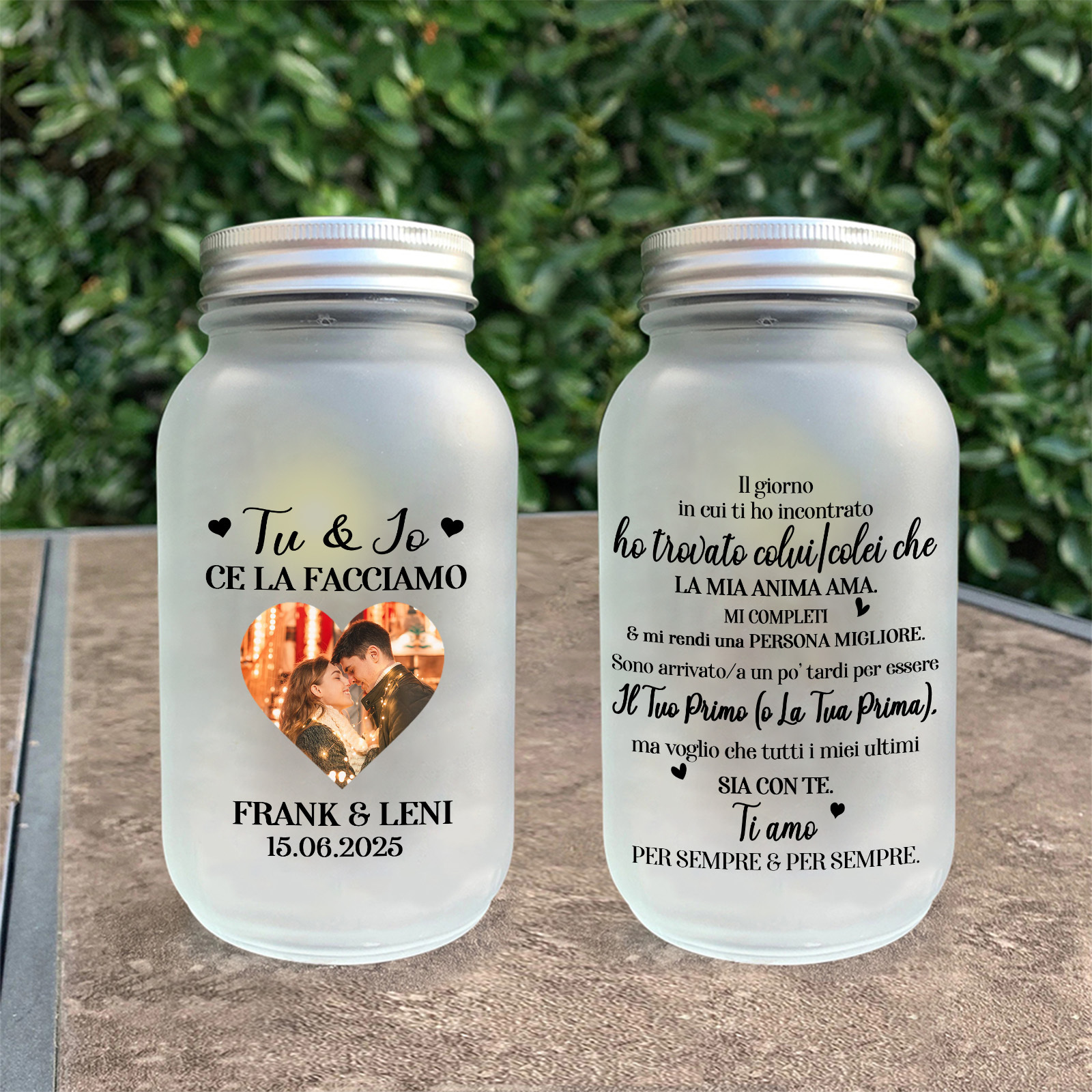 Barattolo Luminoso con Foto e Messaggio d’Amore – Lampada Ricordo Personalizzata per Coppia