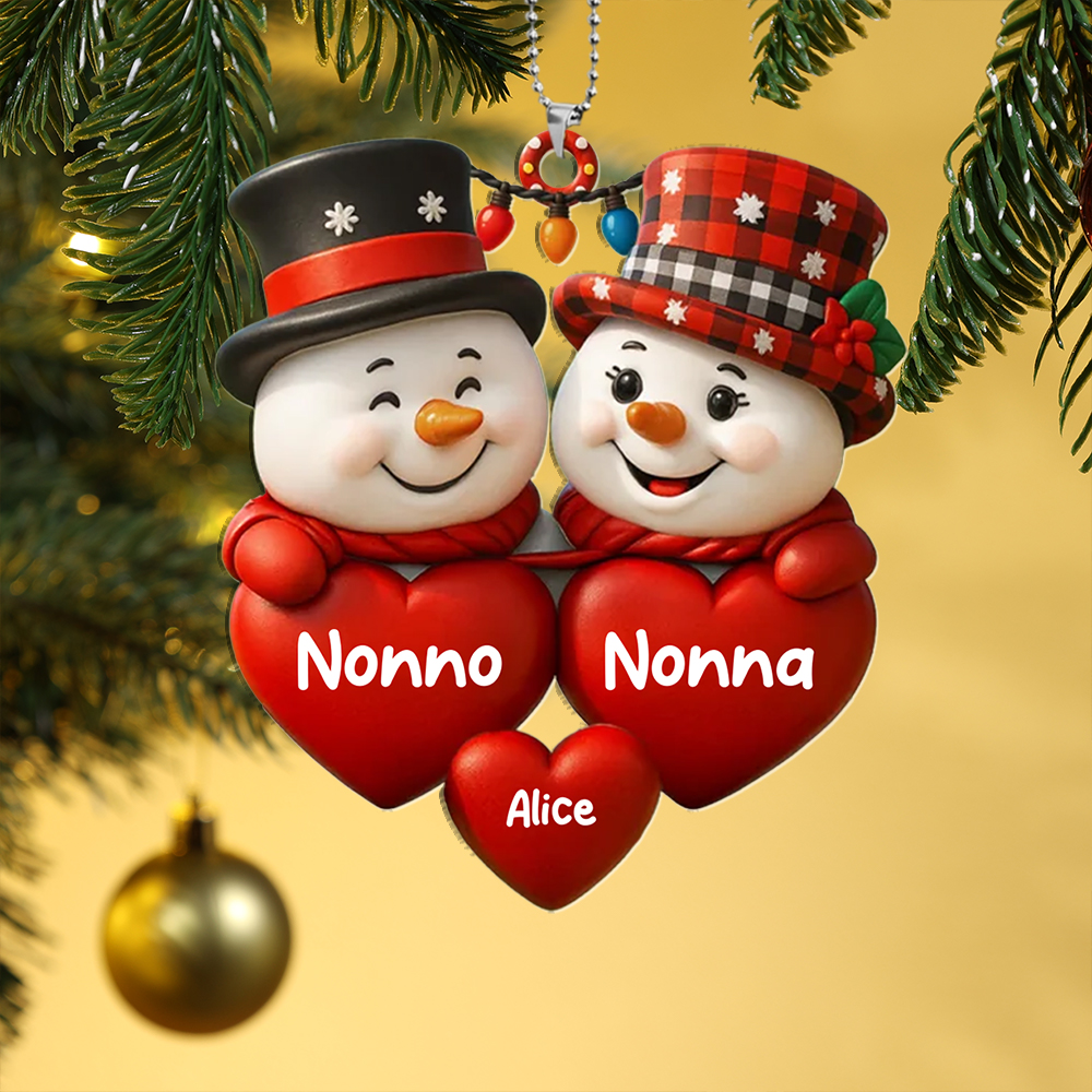 Decorazione per l'albero di Natale con pupazzi di neve personalizzata con i nomi della famiglia