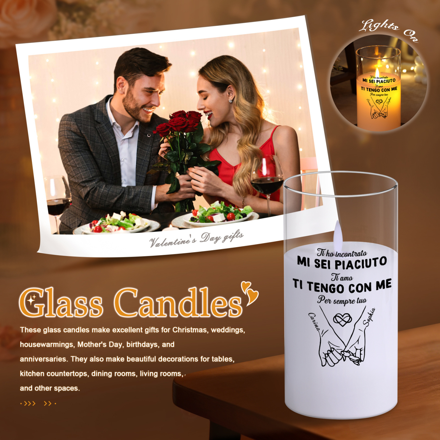 Candela LED Personalizzata con Nomi in Vetro – Regalo Romantico per Coppia