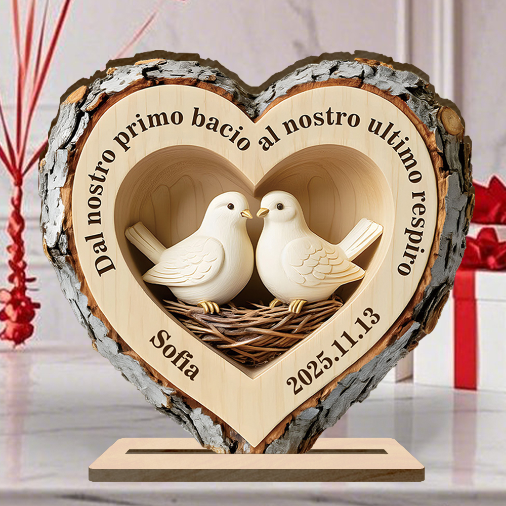 Targa in legno personalizzata con uccelli, cuore della foresta, con base stabile per coppie