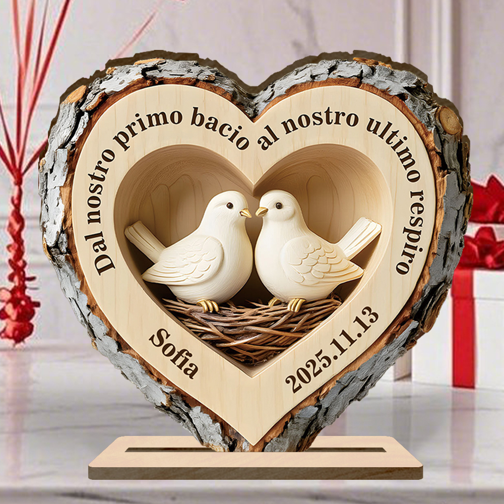 Targa in legno personalizzata con uccelli, cuore della foresta, con base stabile per coppie